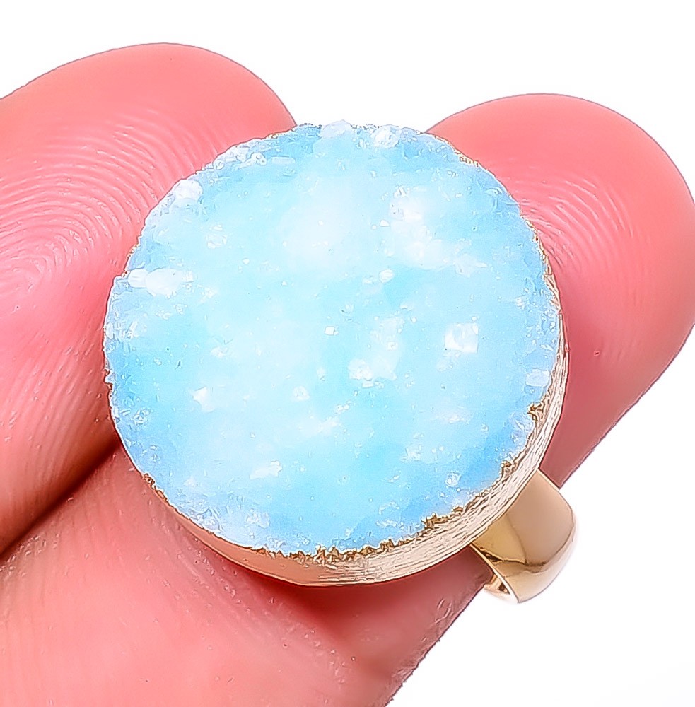Aqua Blue Quartz Drusy Electroformed Gold Plated Brass Ring Size Adjustable (12)