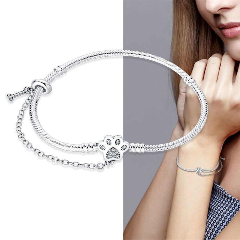 KUNSIR 925 Sterling Silver Bracelet With Flower&Pet Claw Charm Adjustable Chain