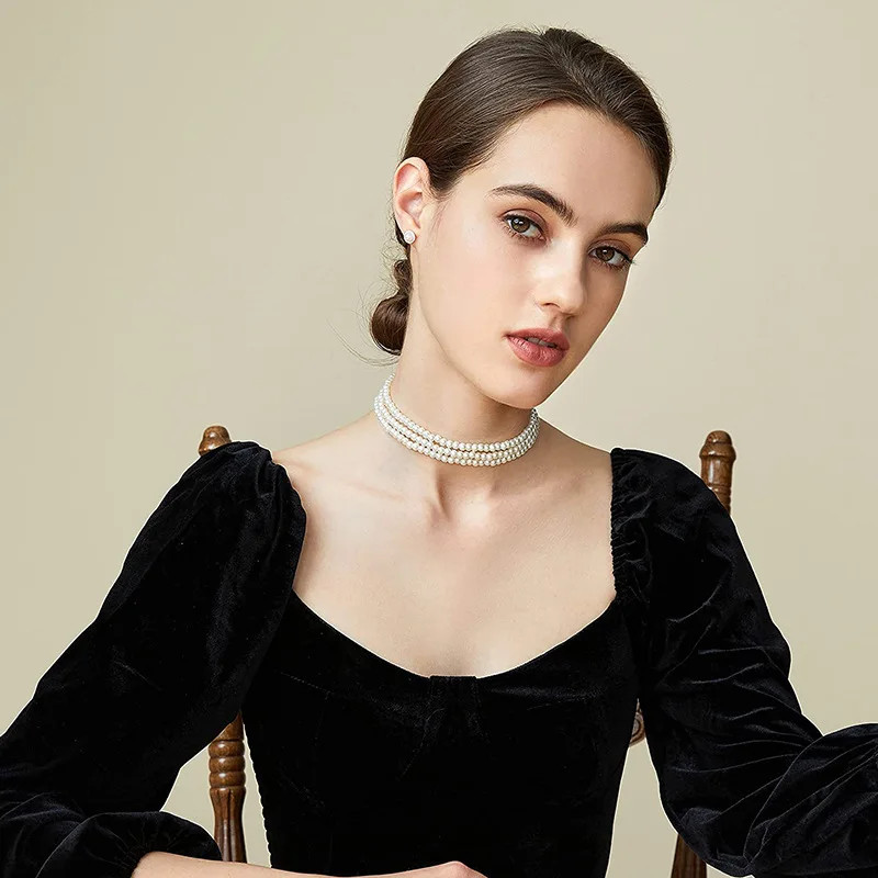 Faux Pearl Layered Collar Choker Necklace Women White Beaded Rope Jewelry