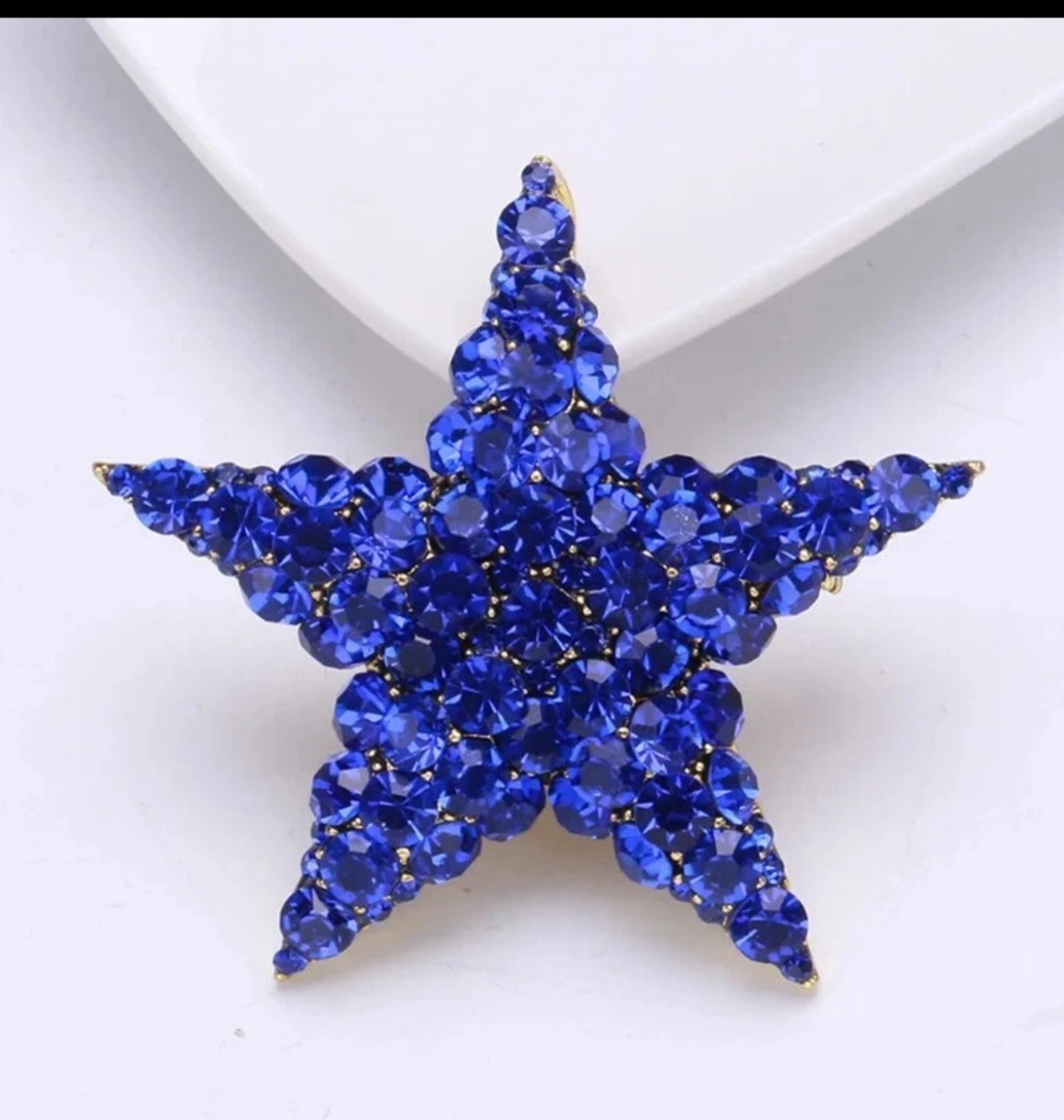 BLUE CRYSTAL RHINESTONE GOLD STAR PIN BROOCH PENDANT~CHRISTMAS HOLIDAY GIFT