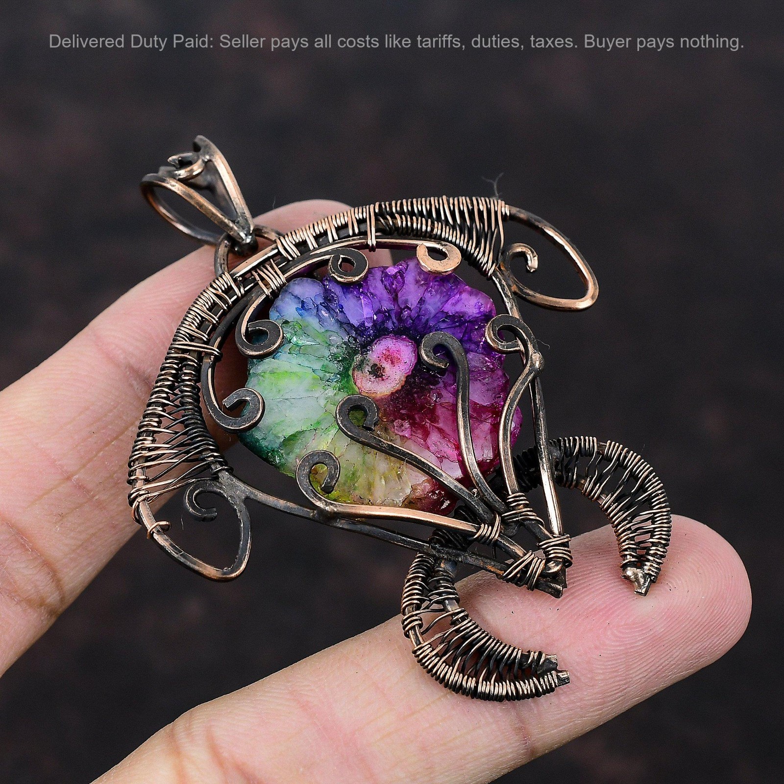 Copper Rainbow Solar Quartz Druzy Stone Wire Wrapped Tortoise Pendant Jewelry