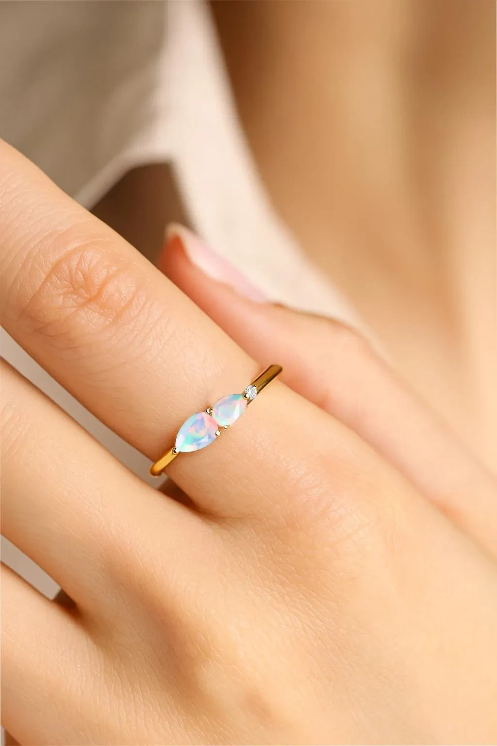 AAA Ethiopian Fire Opal Three Gemstone Stackable Ring, Natural Opal Gemstone