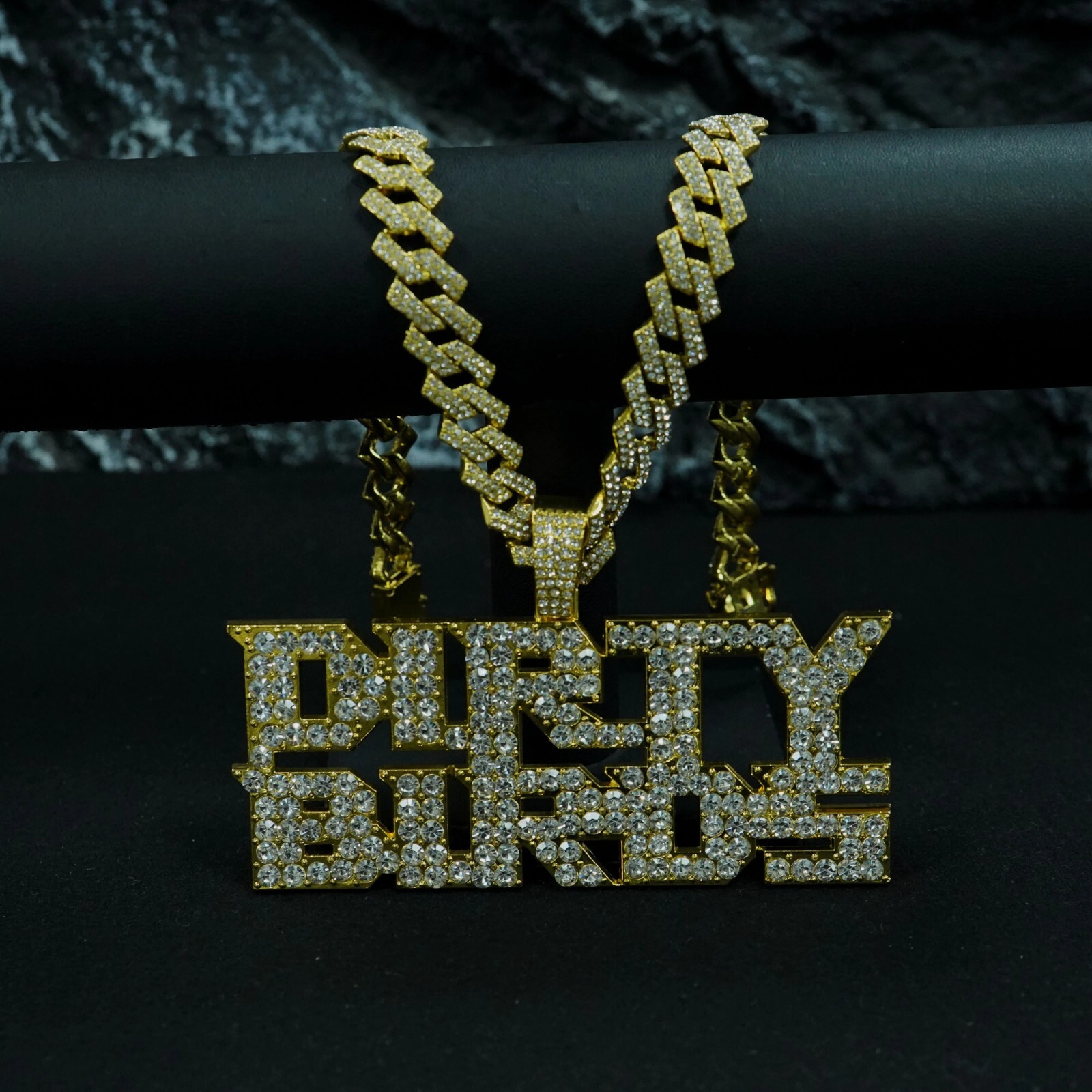 HipHop Iced DIRTY BIRDS Letter Pendant Necklace Crystal CZ Chain Fashion Jewelry