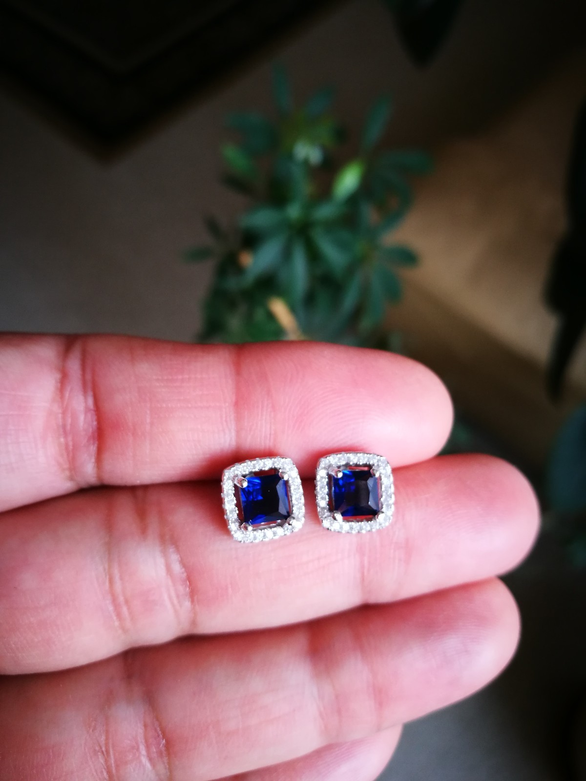 2 Ct Halo Earrings with Simulated Diamond and Sapphire in 14K White Gold plated