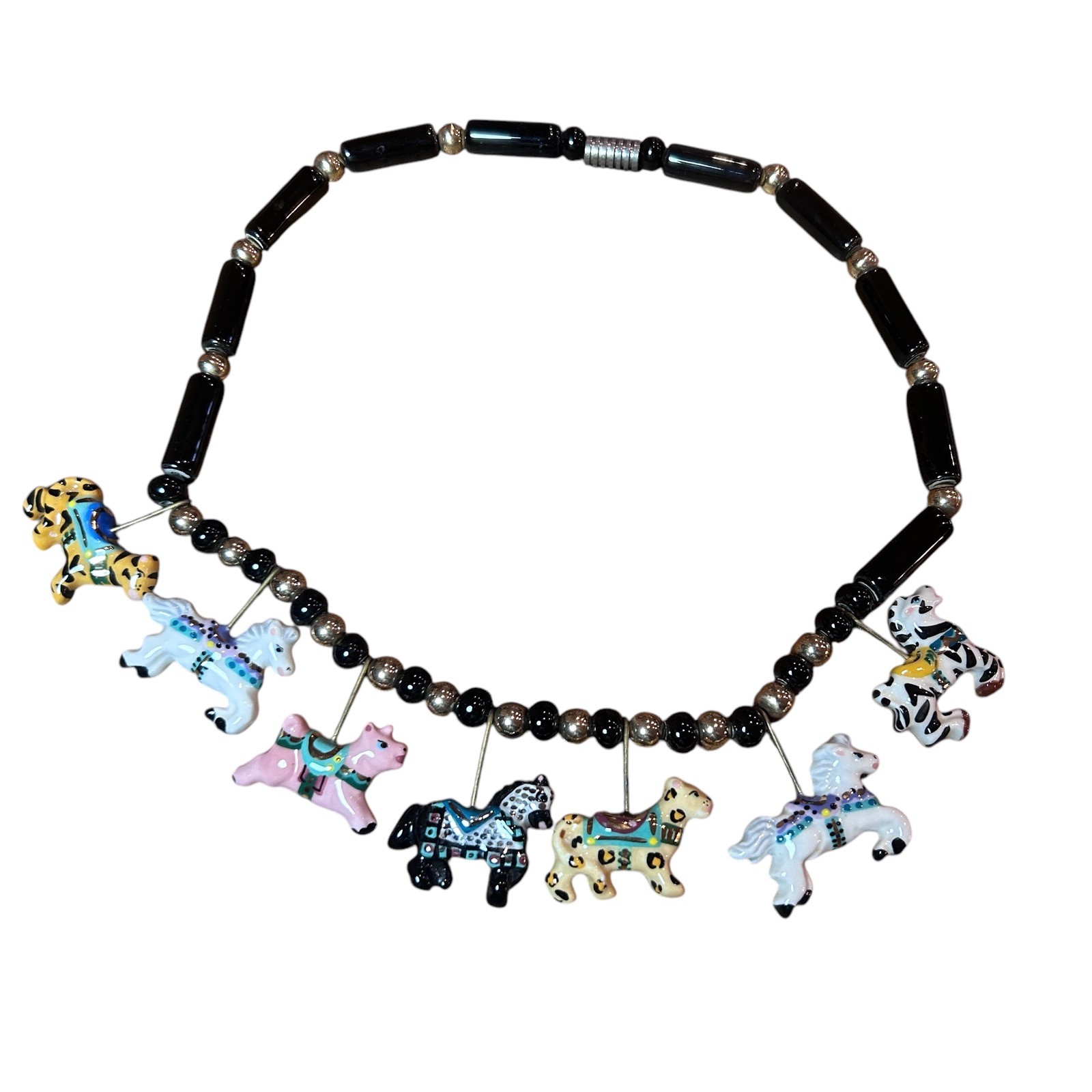 Vintage Ceramic “Flying Colors” Carousel Animals Necklace Horse Lion Zebra