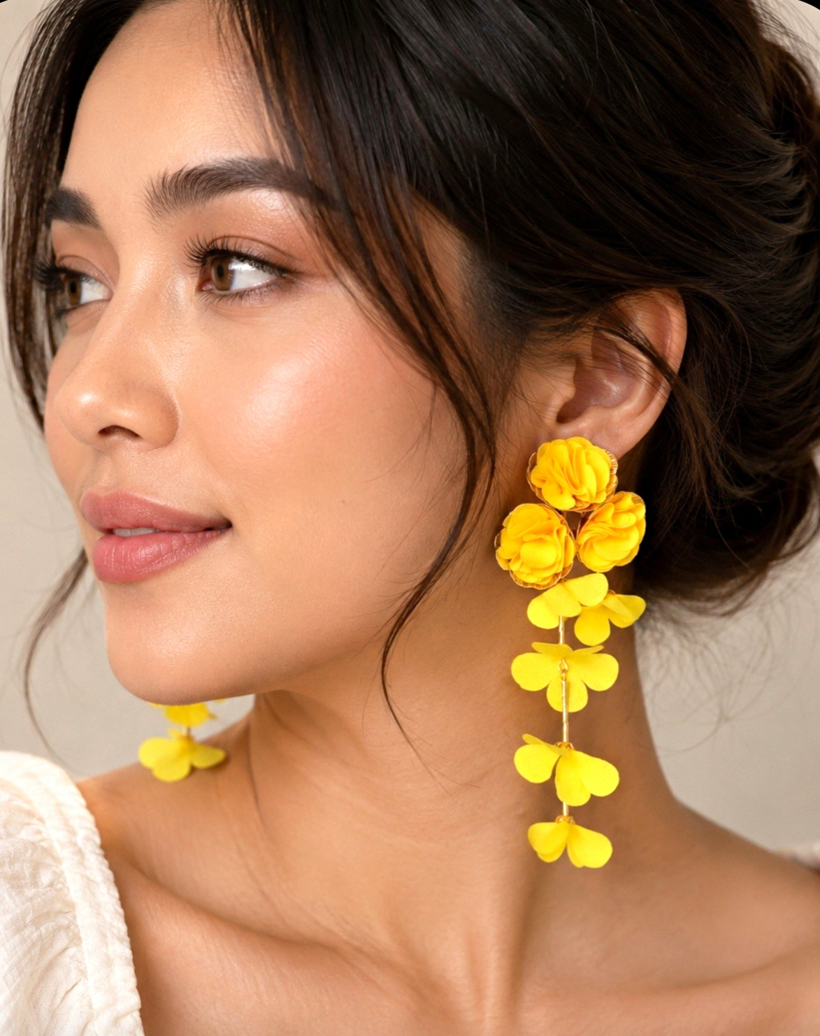 Yellow Floral Flower Fabric Dangle Drop Earrings Stud Closure Lobe