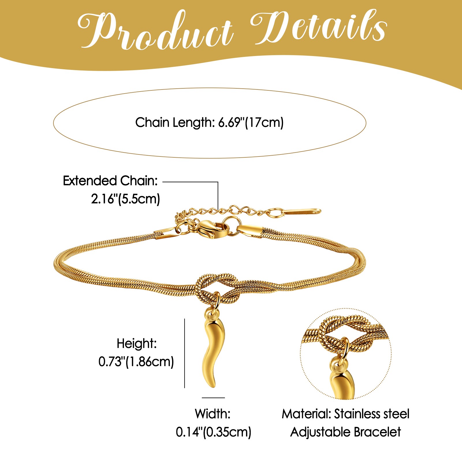 Women’s Infinity Knot Italian Horn Pendant Stainless Steel Bracelet Adjustable