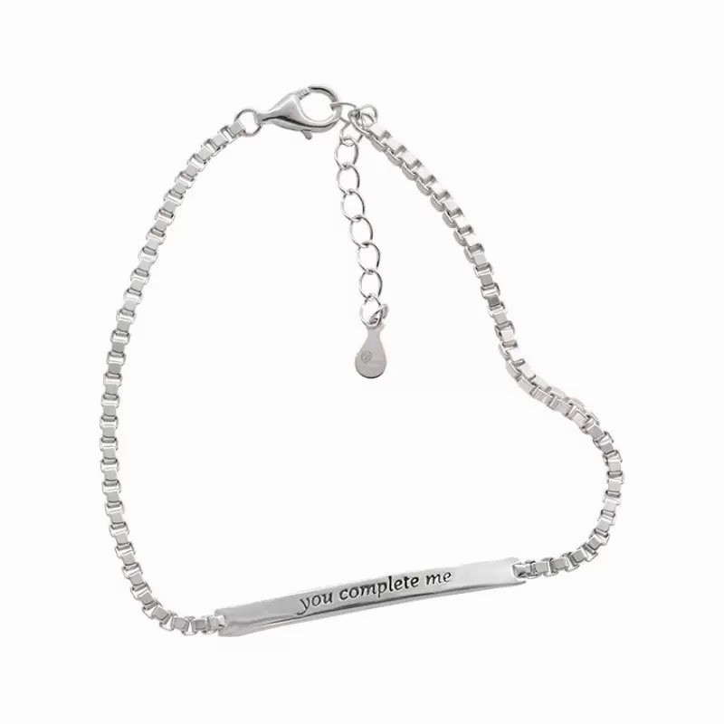 Silver Inspirational Bar Bracelet You Complete Me Adjustable Box Chain Cuff 050