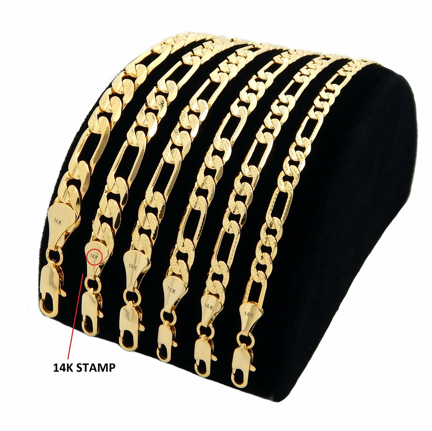 Diamond Shape Cut Italian Figaro Link Chain Necklace 4mm to 12mm 14K Gold Plated