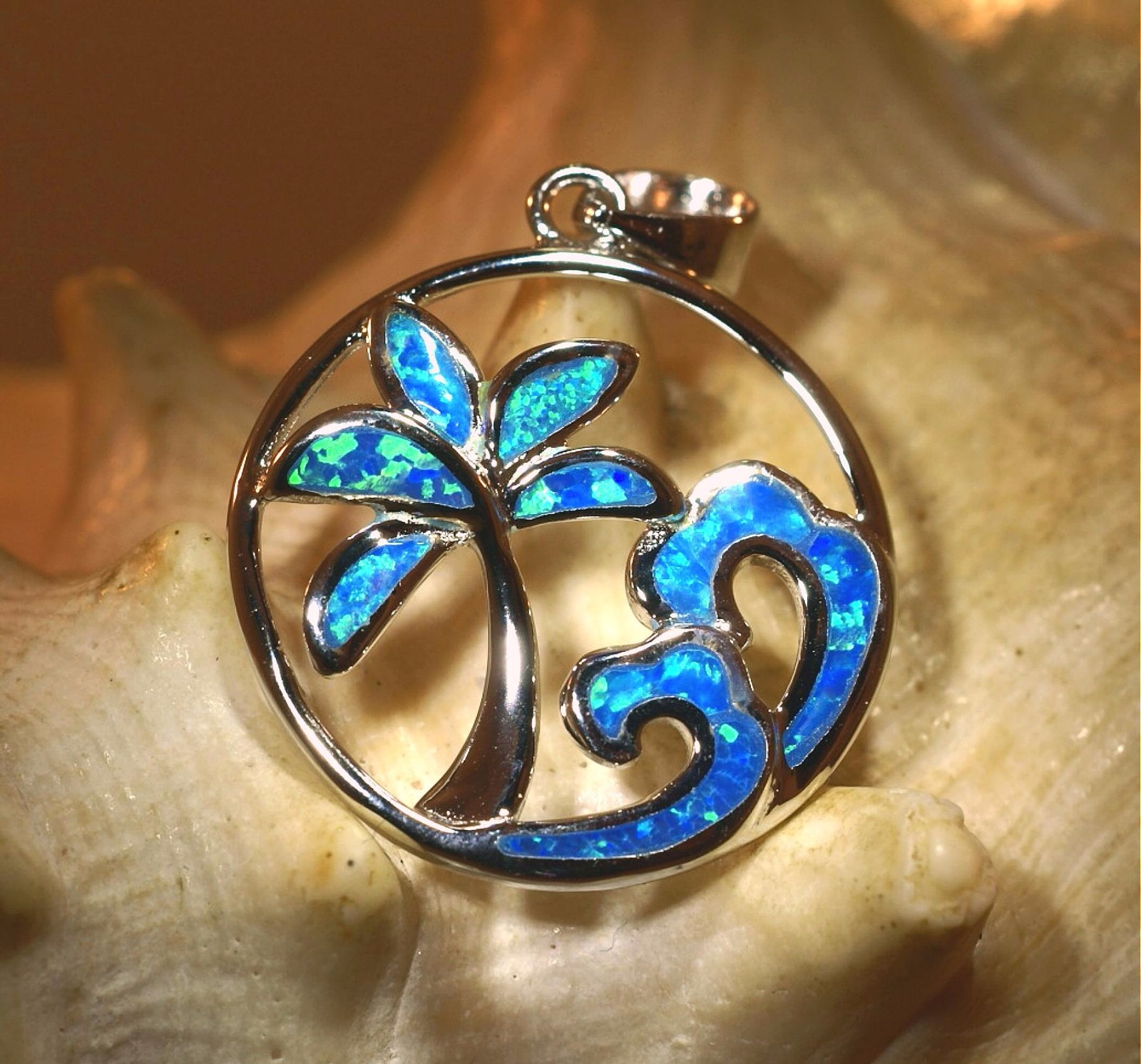 21mm Rhodium Plated 925 Silver Inlaid Blue Opal Hawaiian Palm Tree Waves Pendant
