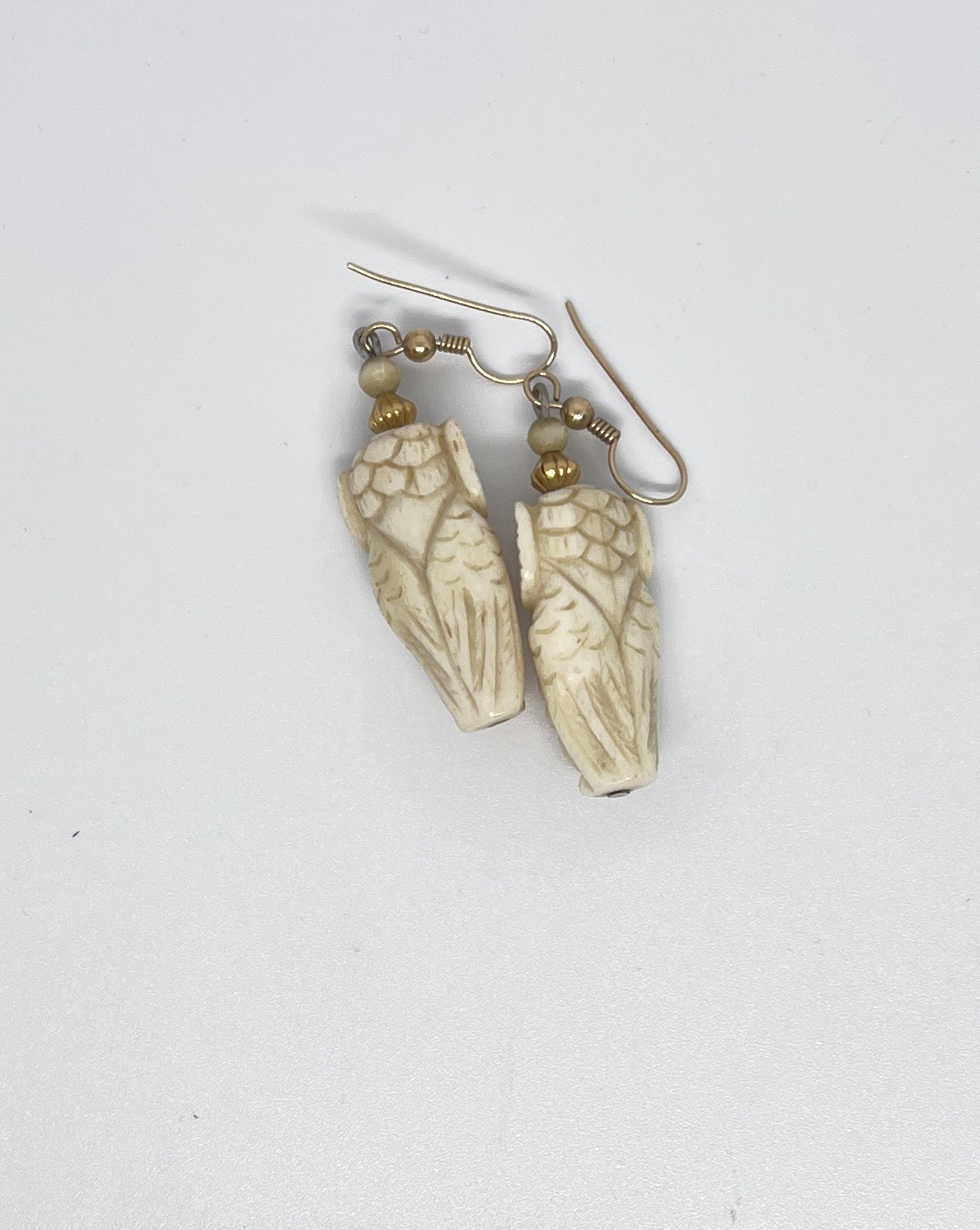 Carved Owl Dangle Drop Earrings, Hook Closure, No Stone 1.75 inches