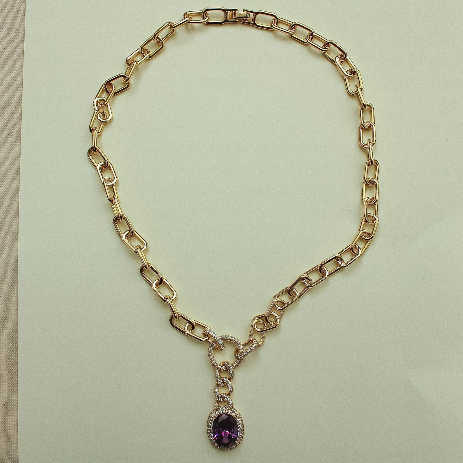 Amethyst Pendant Paperclip Chain Necklace — Gold