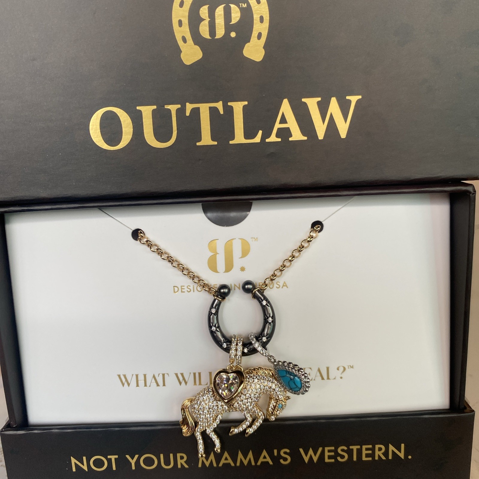 Bomb Party Outlaw Necklace “Raised Untamed” NK91861 Mixed Metal turquoise/CZ
