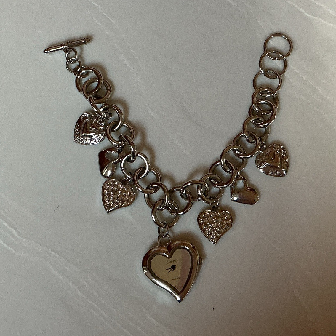 Gramercy Quartz Heart Charm Bracelet Watch Stainless Crystal Pavé 8-8.5″