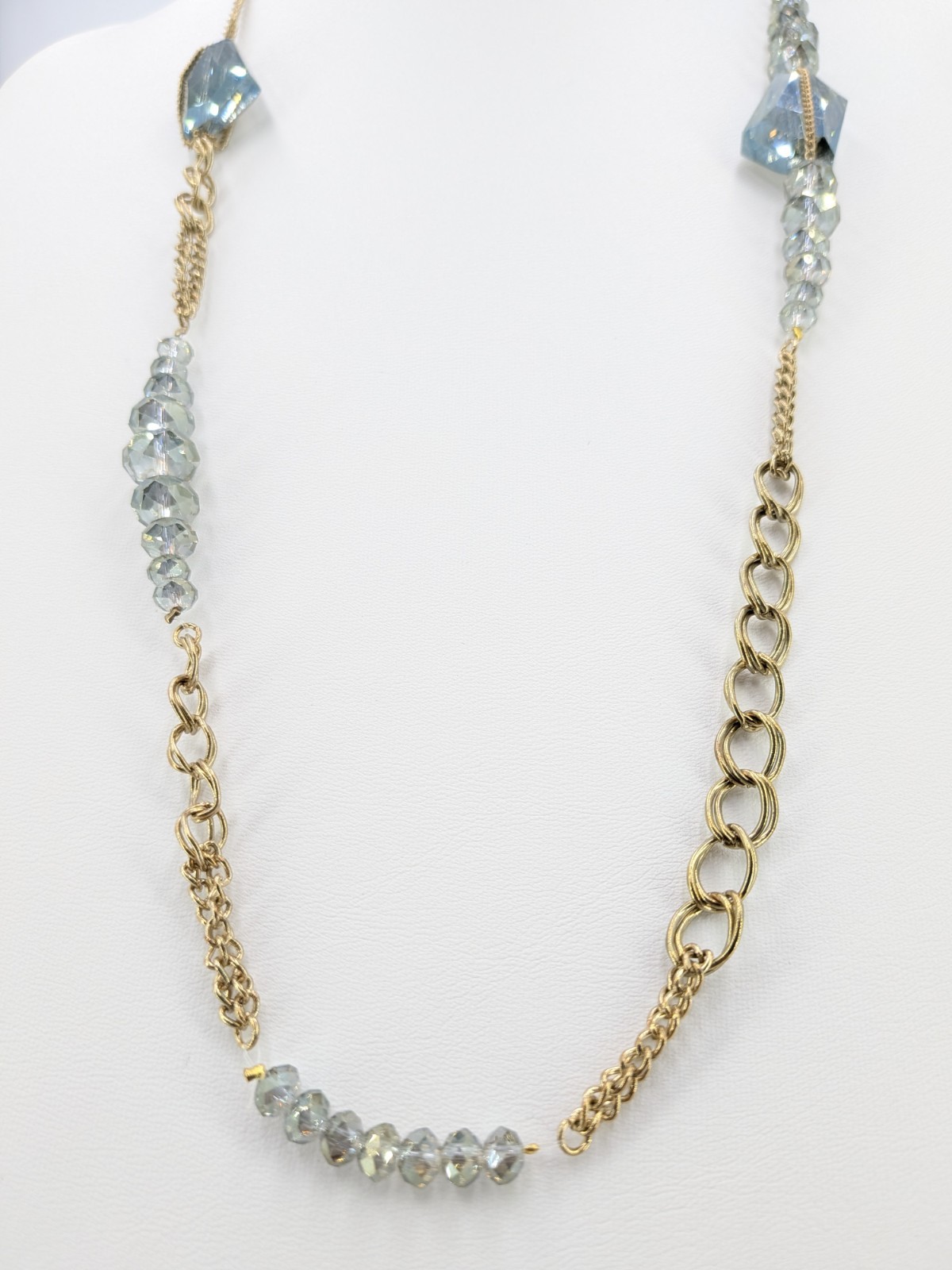 Unsigned Necklace Blue Gray Glass Beads Gold Plated Mixed Chain 35 in Long 40g