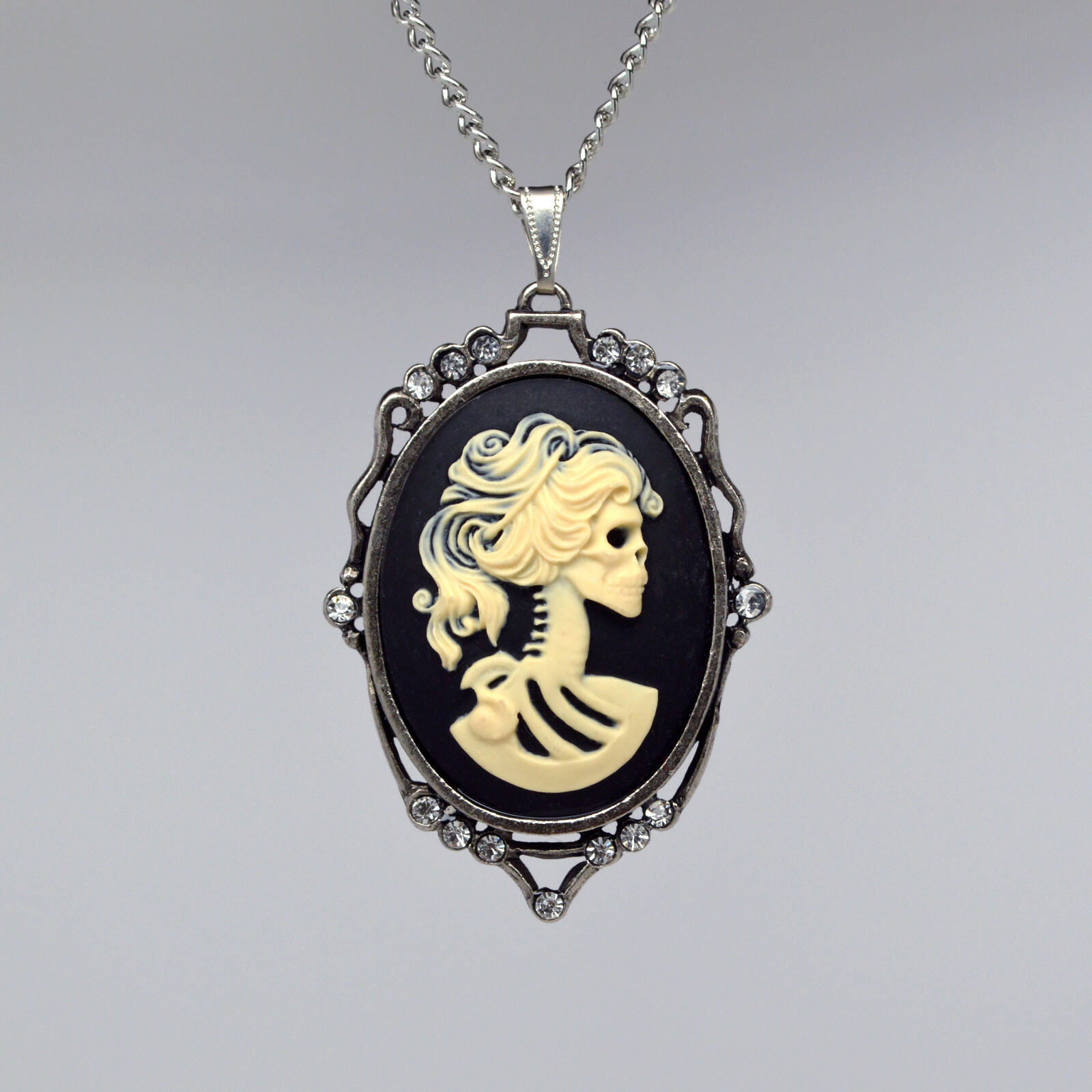 Gothic Lolita Cameo Ivory on Black with Crystals Pewter Pendant Necklace NK-610