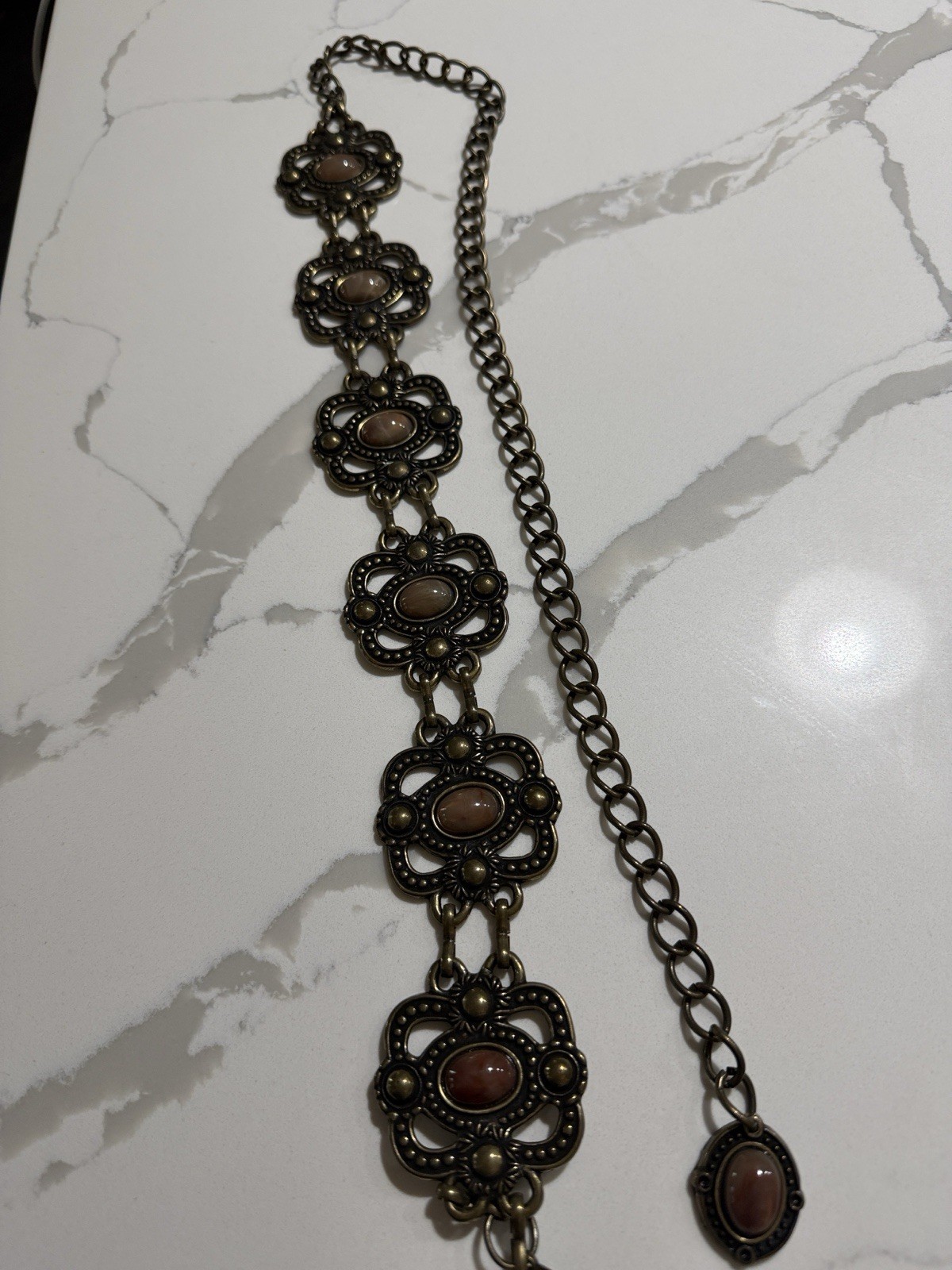 Bronze Cable Chain belt w/ Oval Bezel-Set Charm Pendant, Bronze Tone