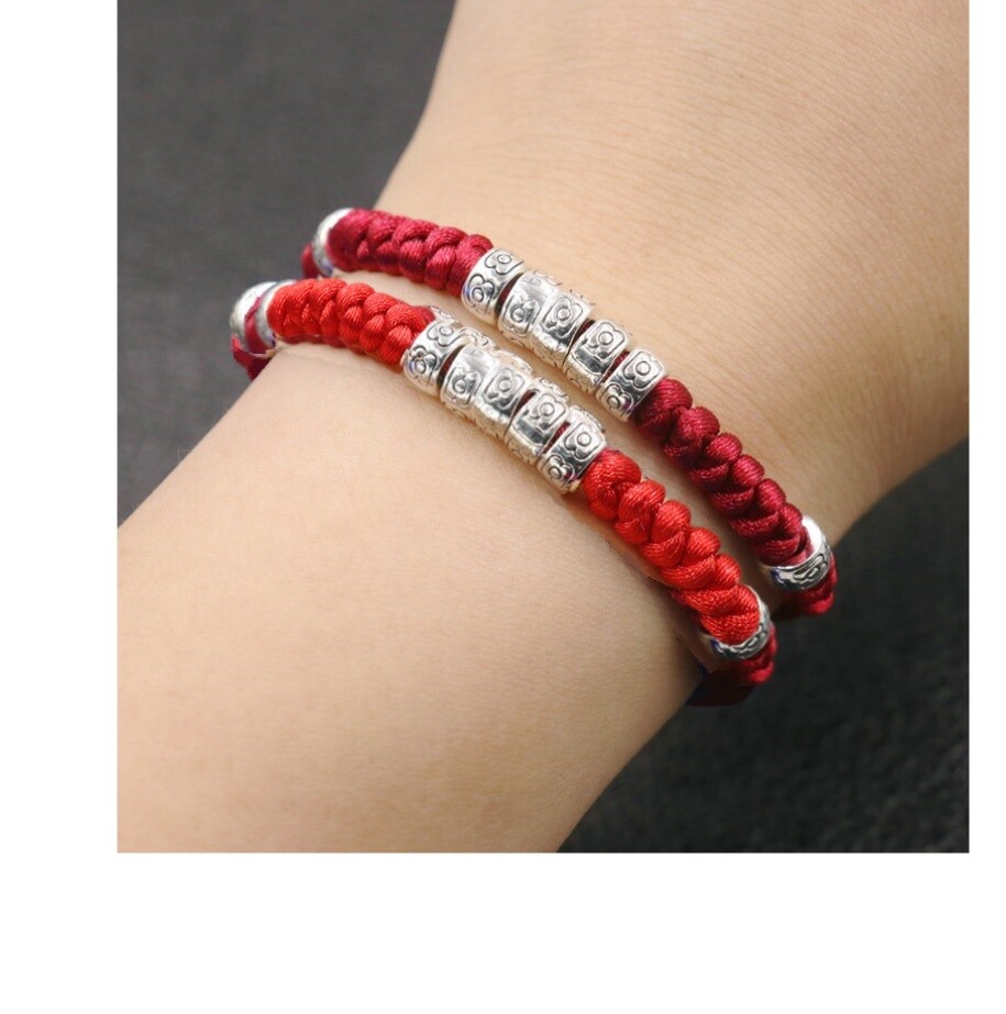 Tibetan Red String Woven Bracelet with Silver Beads
