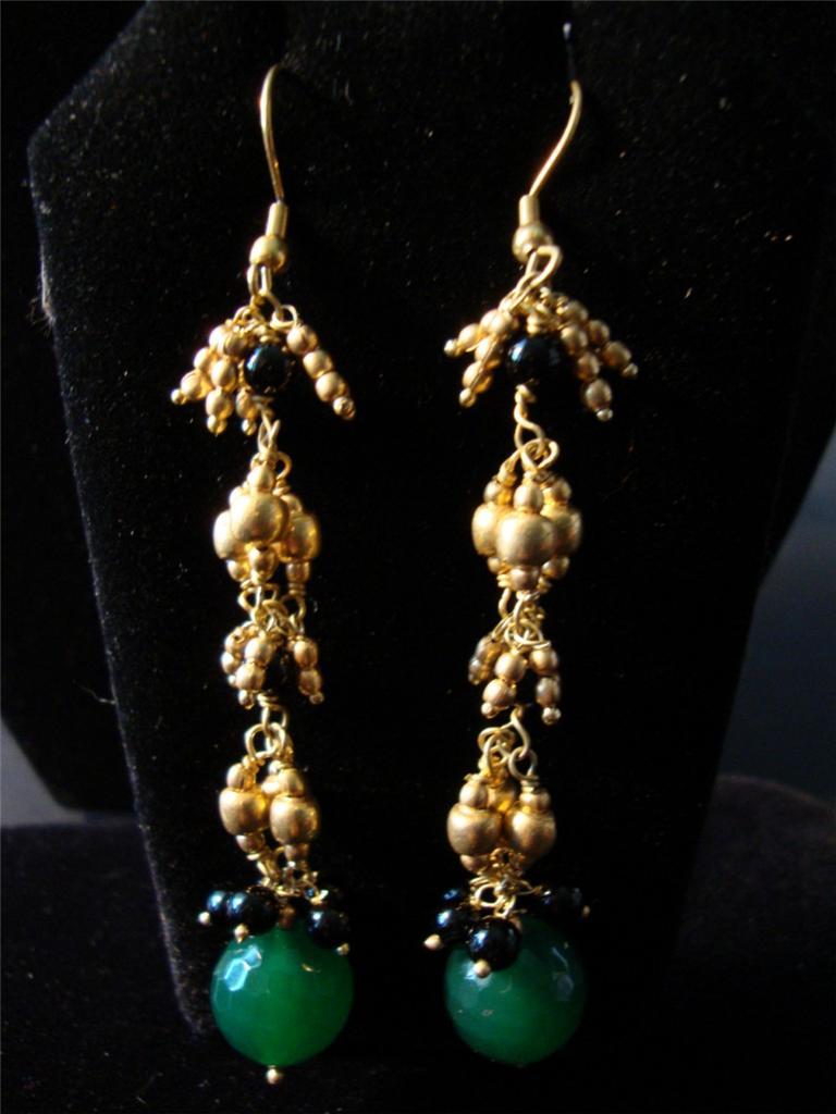 J396 GREEN BLACK AGATE EARRINGS GOLDTONE ION PLATED STAINLESS STEEL J HOOKS