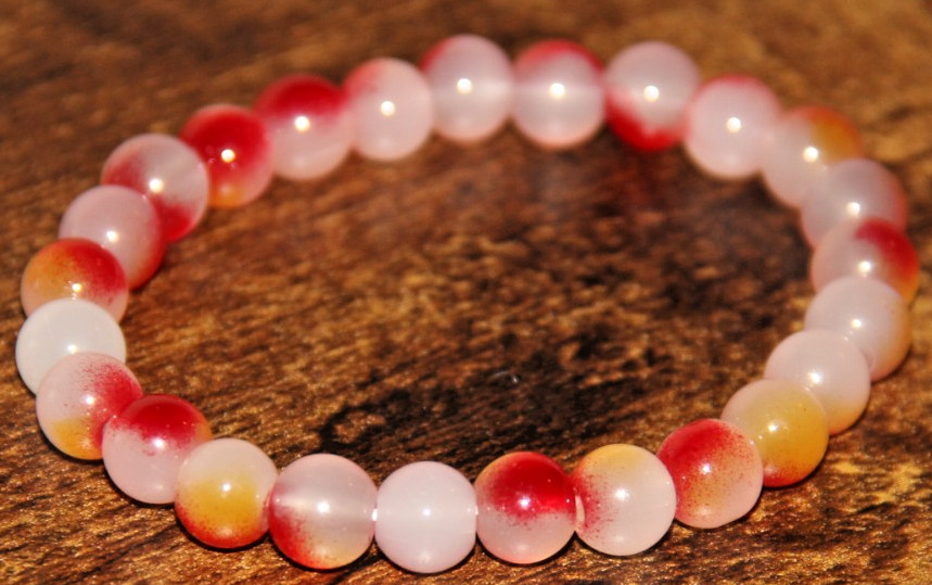 White Red Yellow Splotch Round Glass Bead Stretch Bracelet Fashion Jewelry Boho