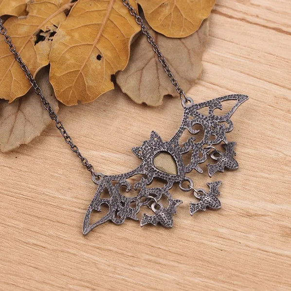 Gothic Bat Pendant Necklace, Mother with Baby Bats, Halloween Vampire, Crystals