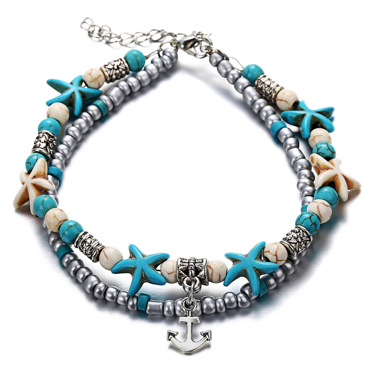 Bohemian Vintage Handmade Dolphins Shell Beads Multi Layer Anklet or Bracelet