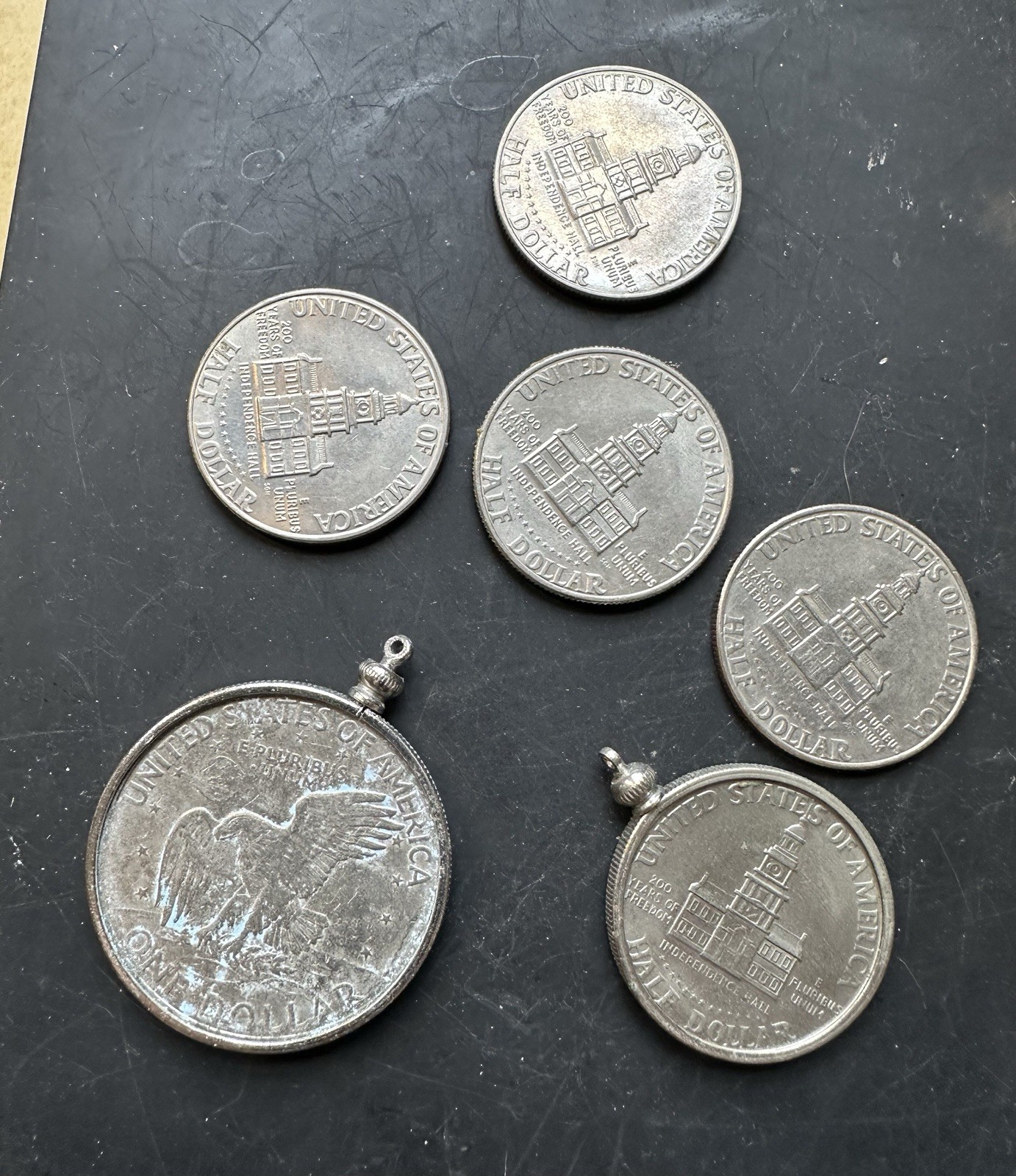 1972 Ike Dollar Pendant & 1976 JFK Half Pendant & 4 Kennedy Bicentennial Coins