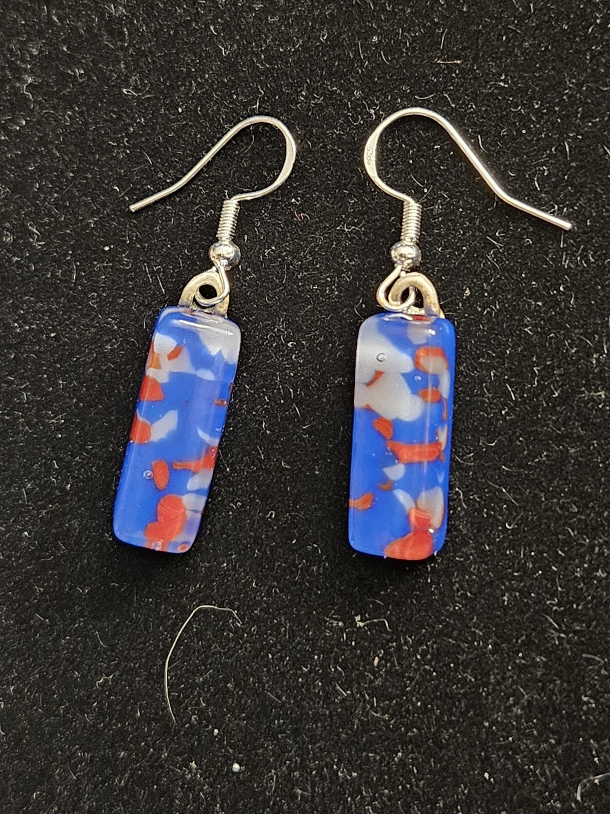 Blue Rectangle Glass & Metal Dangle/Drop Earrings Hook Closure With Stone