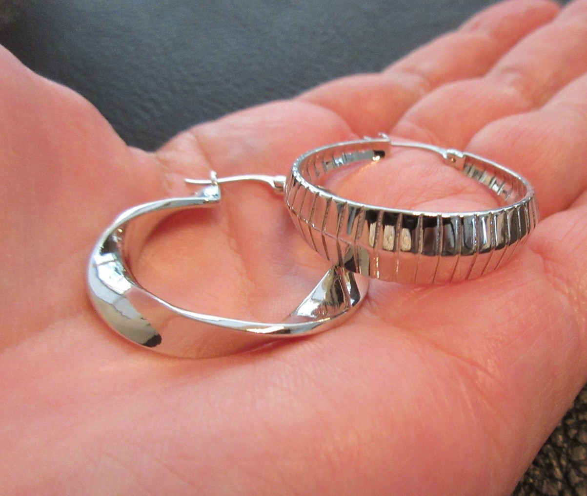 2 pr Bellezza DBJ 925 CN 1-1/4” Twist & Ridge Hoop Earrings Sterling & Yellow
