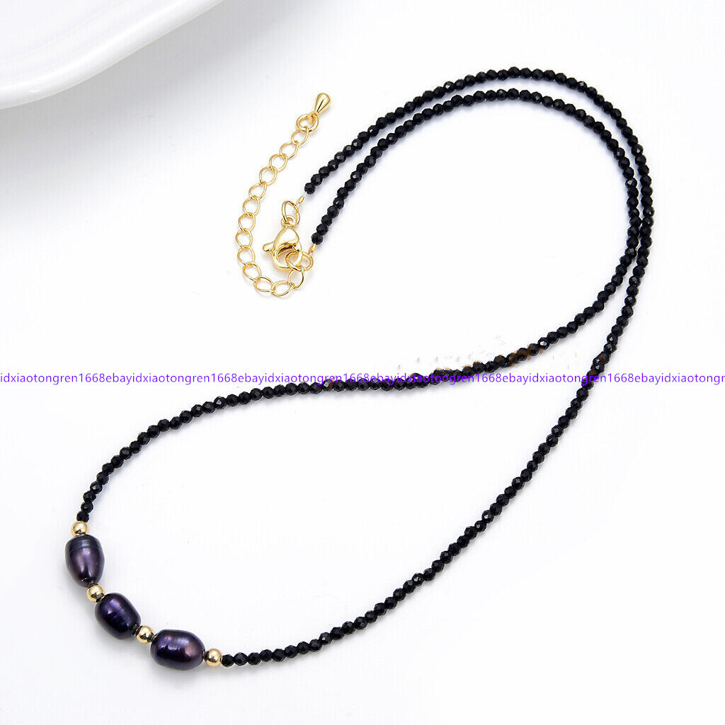 3mm Faceted Black Spinel 8-9mm White Pink Black Rice Pearl Necklace 18-28 Inch