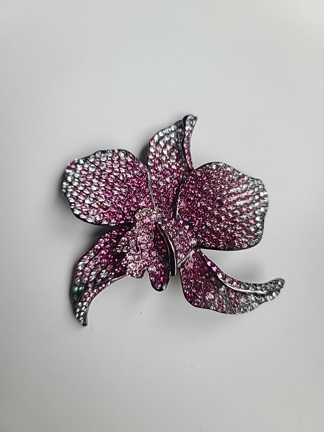 PJM Jewlery XXL PINK Clear RHINESTONE FLOWER BROOCH VINTAGE Gun Metal 3.5 Inches