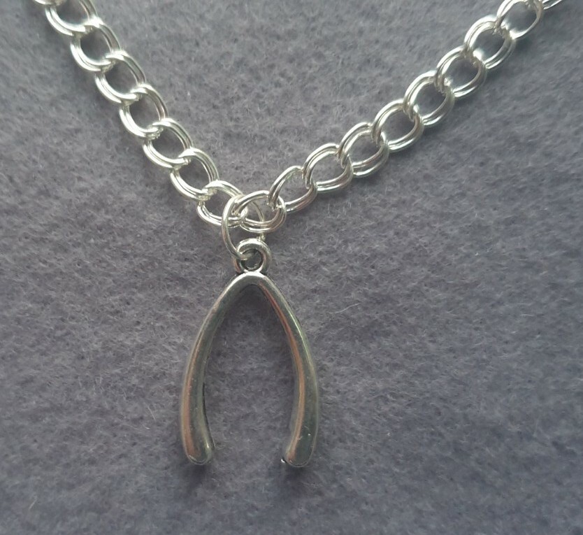 Silver Plated 18″ Double Link Curb Chain ~ Wishbone Charm ~ Gift Wrapped