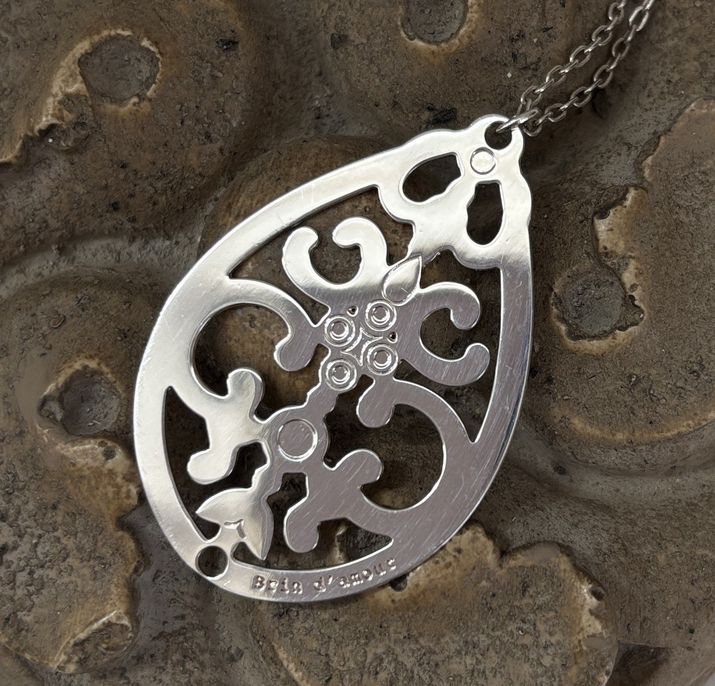 Silver Teardrop Pendant Necklace 16/17″ Pierced Boho BRIN D’AMOUR France w/ Bag