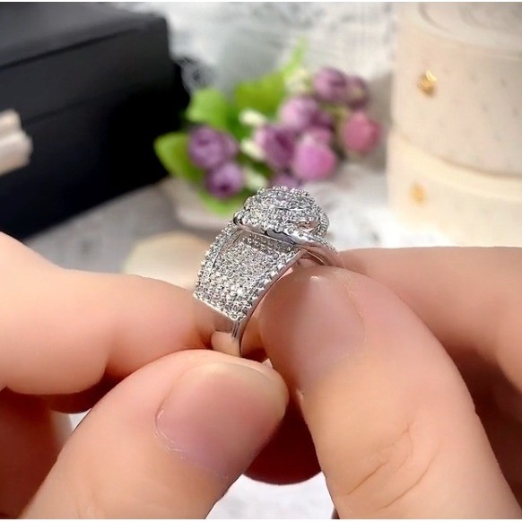 Iced Out Pave Statement Ring Silver Tone Costume Jewelry Size 8 Round Cluster