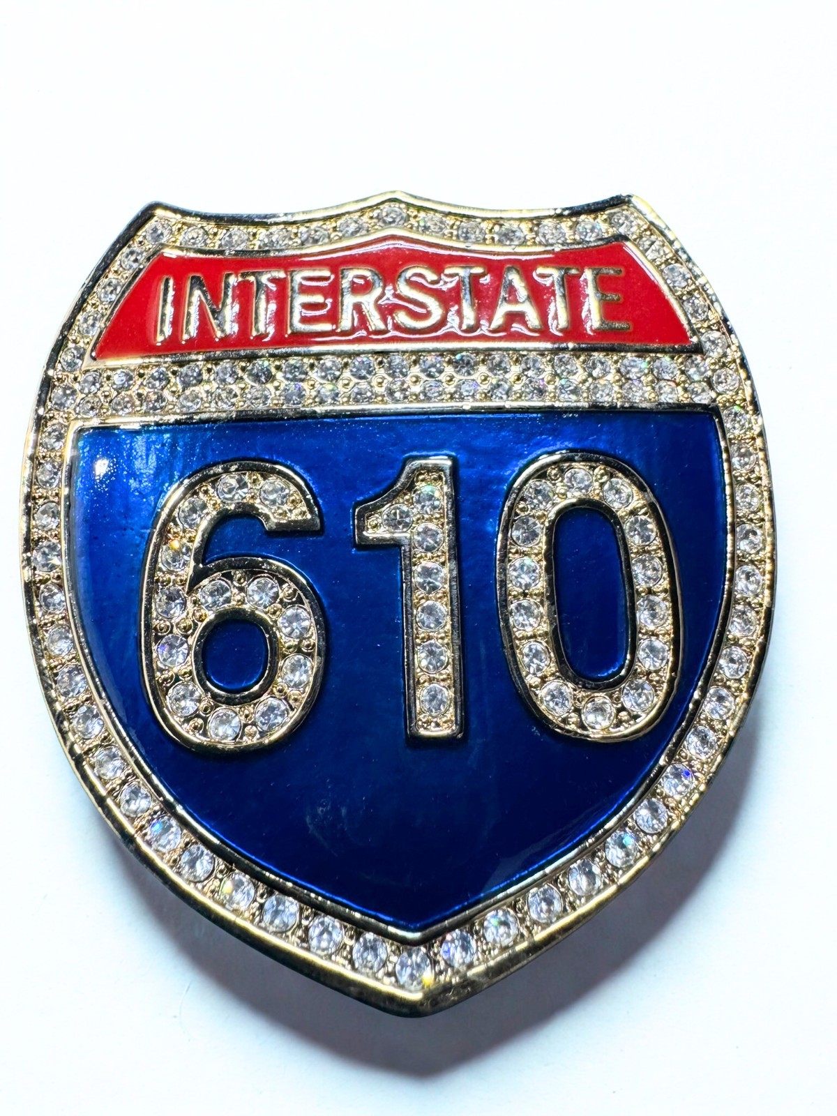 Interstate 610 Shield Belt Buckle – Gold Tone Iced Out Rhinestone Accessory