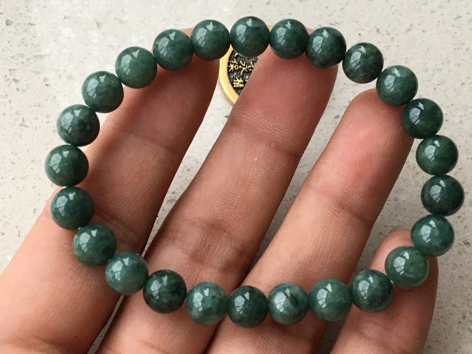 7.8mm certified 100% Natural Burma jadeite carve luck Reiki beads Bracelet 6703