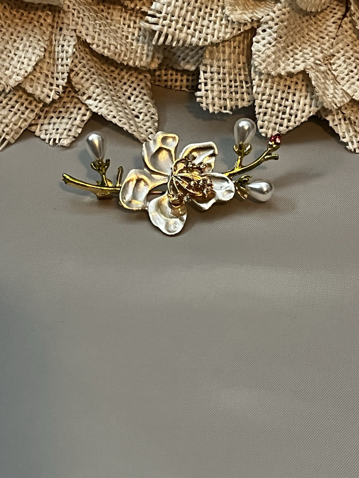 Gold Tone Flower Brooch Pin w/ Baroque Faux Pearl Drops & Rhinestones