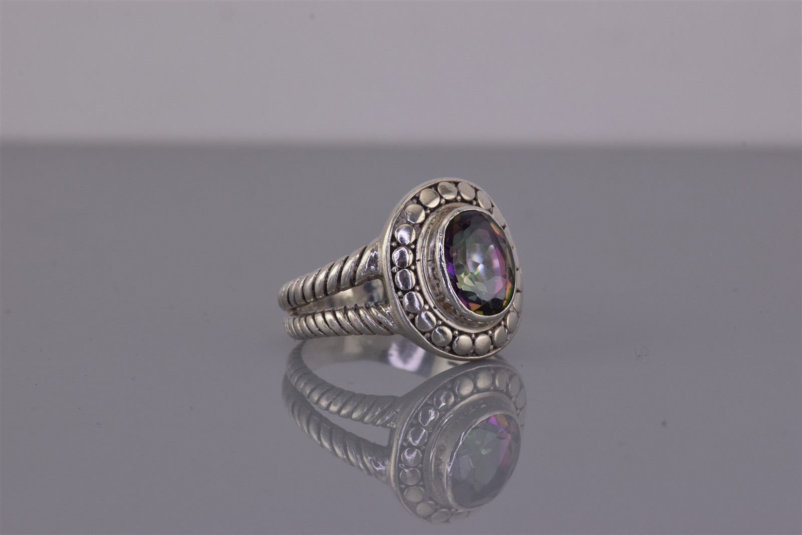 ATI ID Sterling Silver Oval Button Accent Mystic Topaz Cable Band Ring 925 Sz: 9