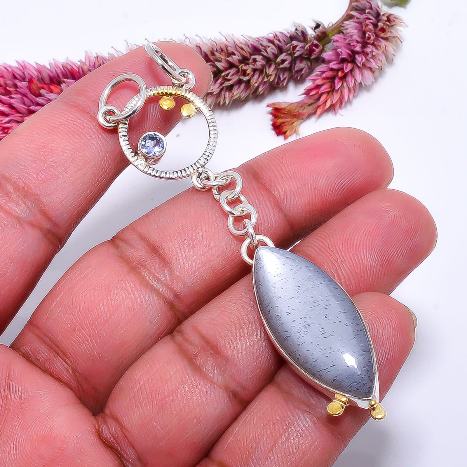 Gray Moonstone – Sri Lanka 925 Sterling Silver Two Tone Pendant 2.93″ P103711147