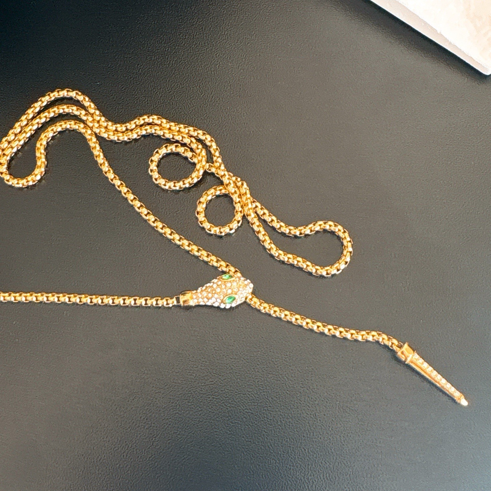 Snake Lariat Necklace Green Crystal Adjustable Waterproof Gold Tone