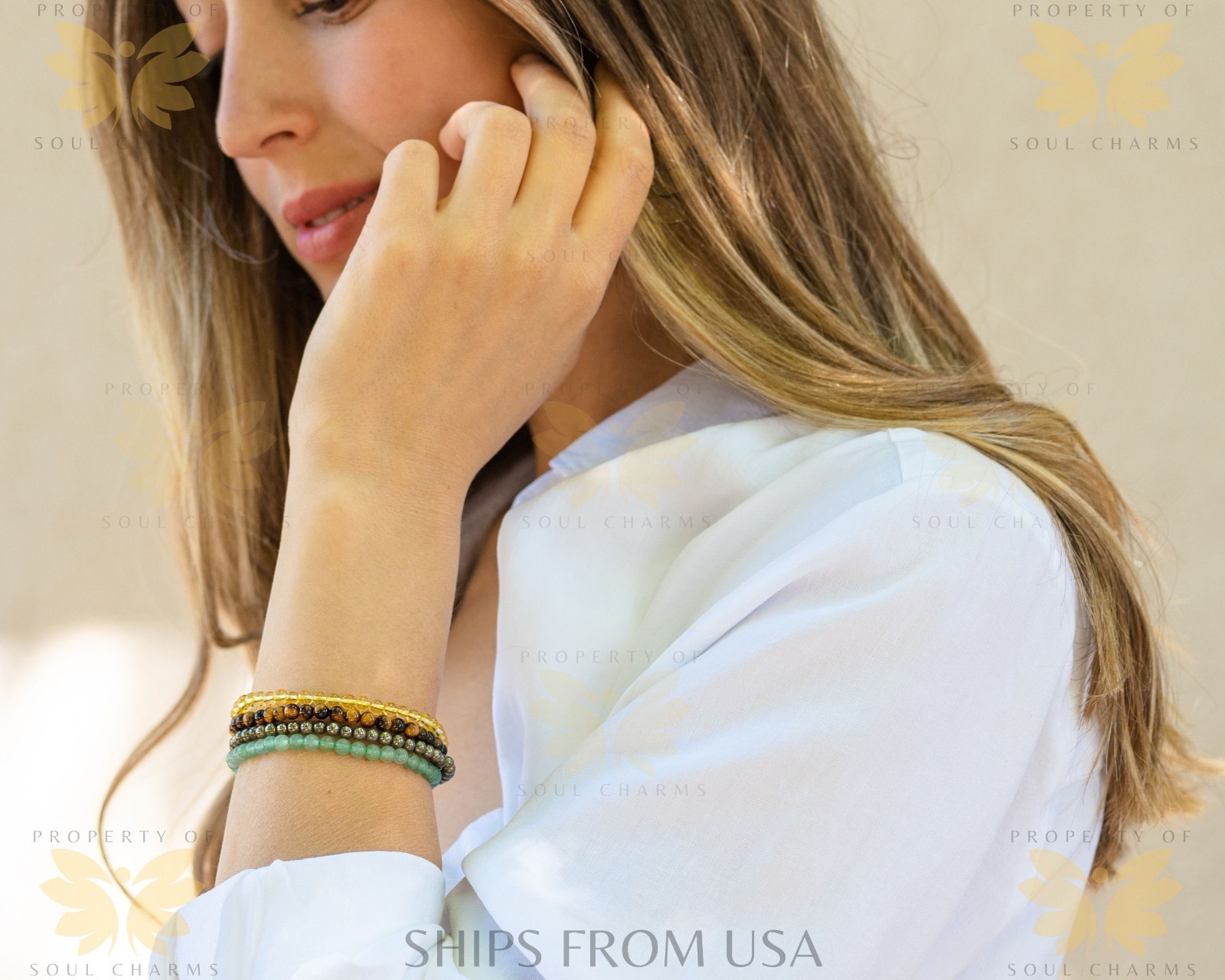 Crystal Gemstone Bracelet Set Pyrite Citrine Free Ship US