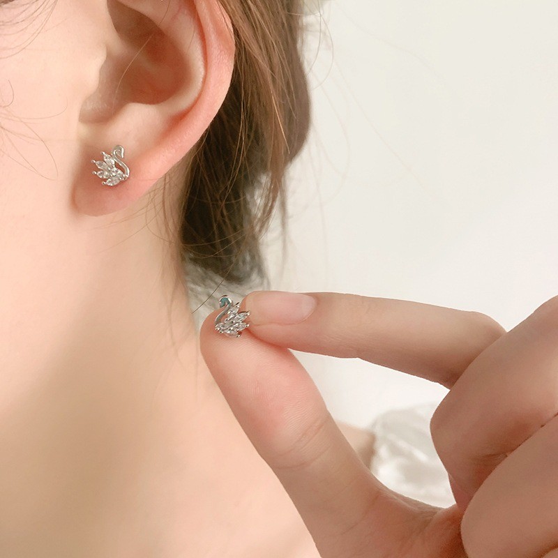 Shining Swan Studs Earrings Pave Colorless CZ Gift for Her Samll Ear Studs