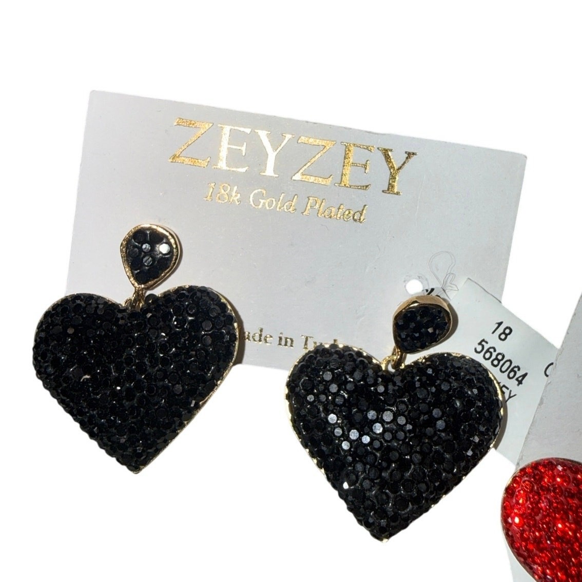 NWT ZEYZEY Red Black CZ Pave Heart Earrings 18K Gold Plated Set Gift Sparkly