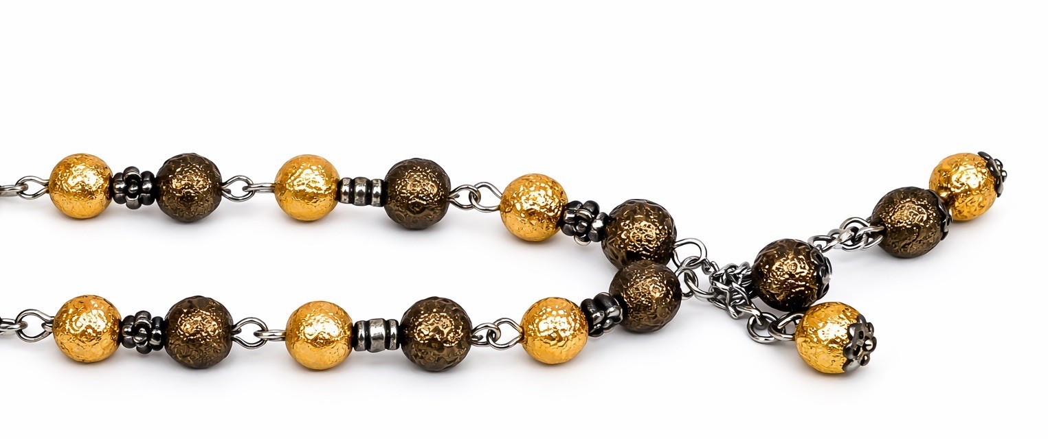 Gold Tone Black Beaded Statement Necklace Textured Ball Toggle Clasp Jewelry