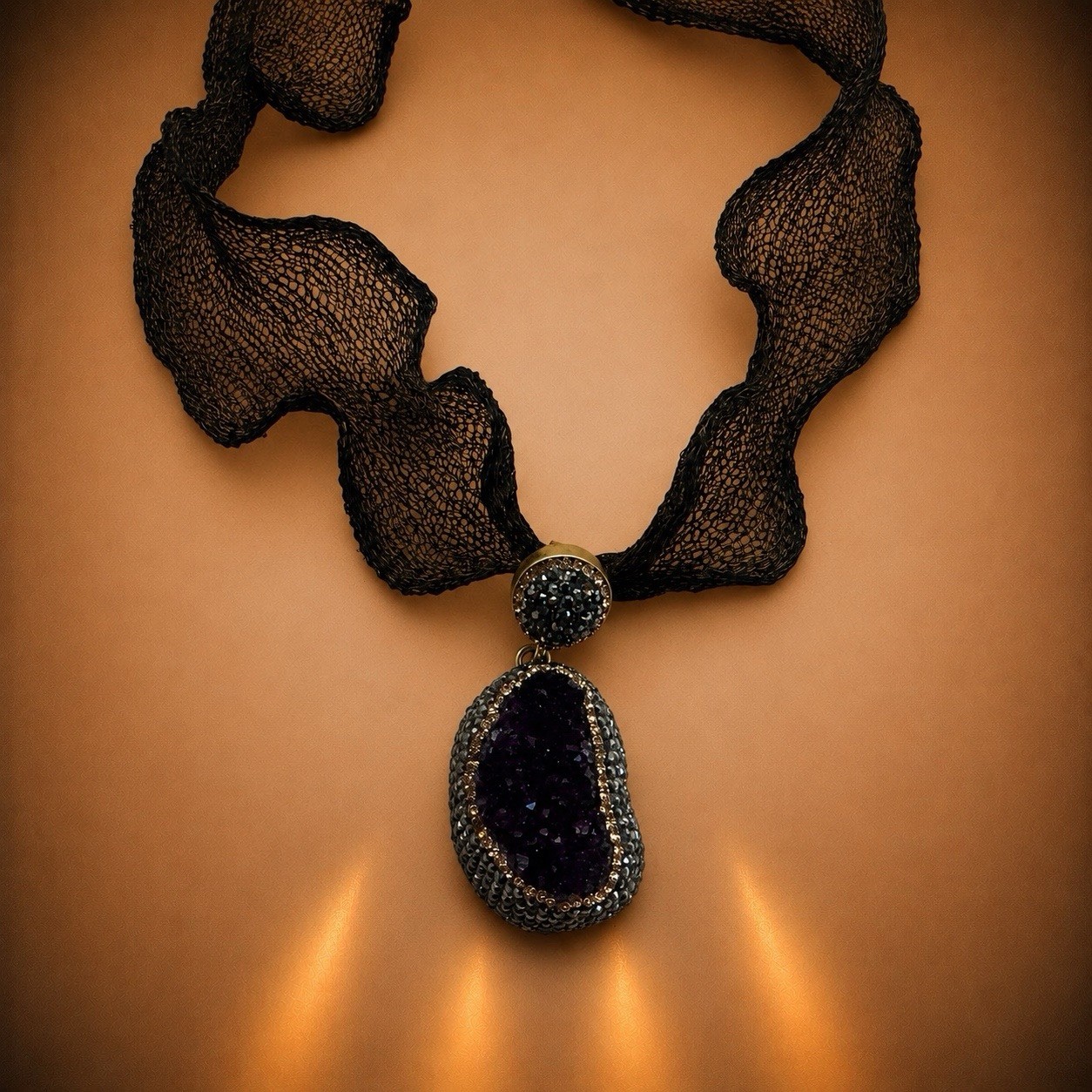 New! Statement Bohemian Black Mesh Choker Necklace With Amethyst Druzy- $290