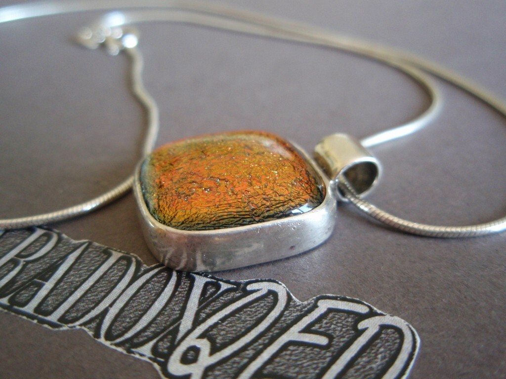 Sterling Silver 925 Brown Gold Dichroic Glass Pendant Snake Chain Necklace FAS