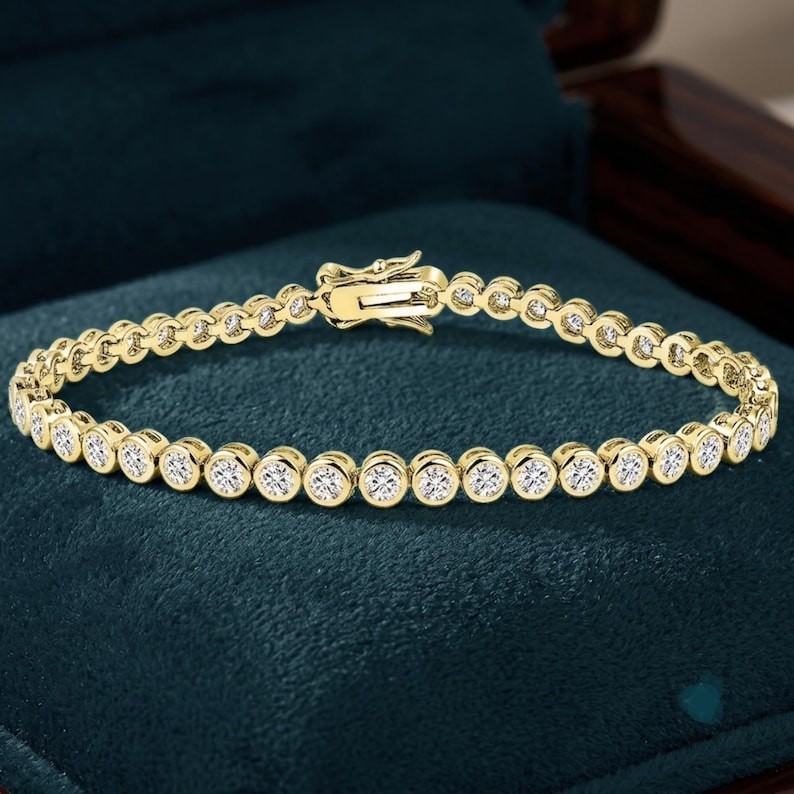 3.0 MM Round Moissanite Bezel Set 14K Gold Tennis Bracelet For Women