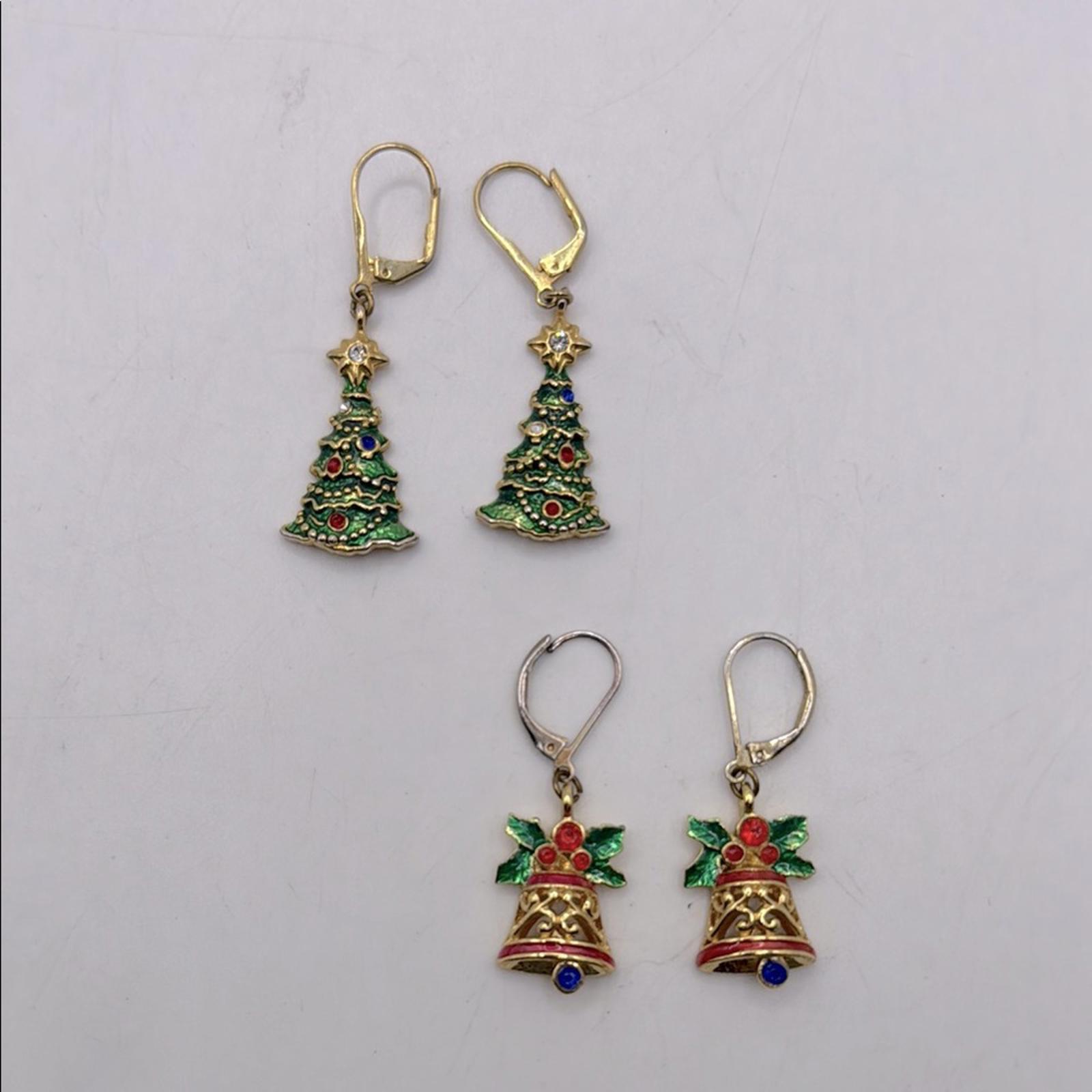 Vtg Christopher Radko Dangle Drop Earrings Set 2 Christmas Tree Bell Jewelry