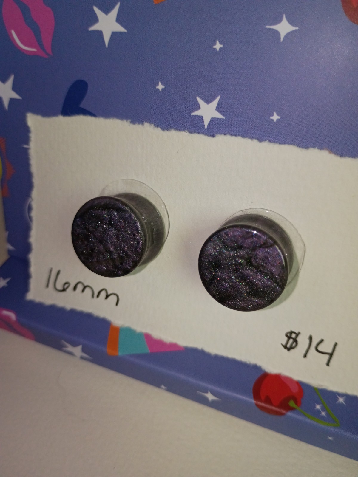 16mm Handmade Purple and Gray Mica Resin Ear Gauges | Shimmering Round Plugs