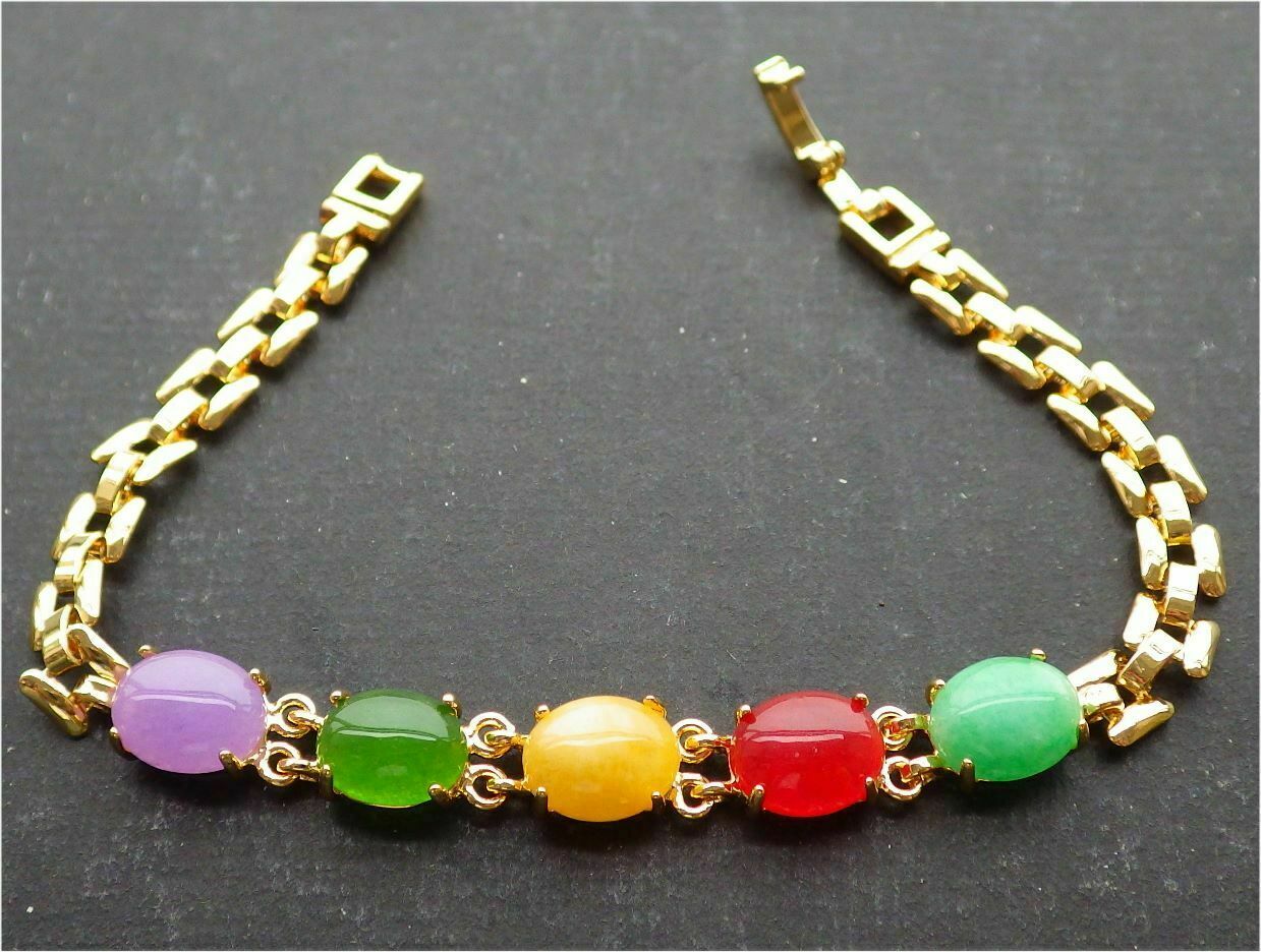 Gold Plate Lavender Red Green Yellow JADE Cabochon Beads Bangle Bracelet 101006